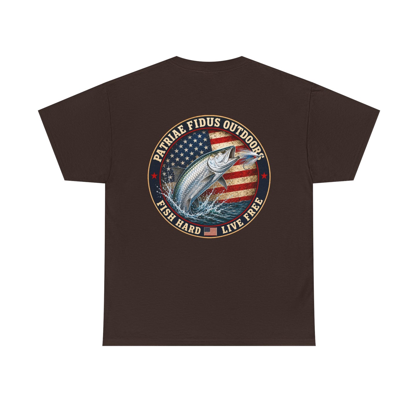 “Fish Hard Live Free” T-Shirt — Tarpon Patriae Fidus Outdoors American Flag Design