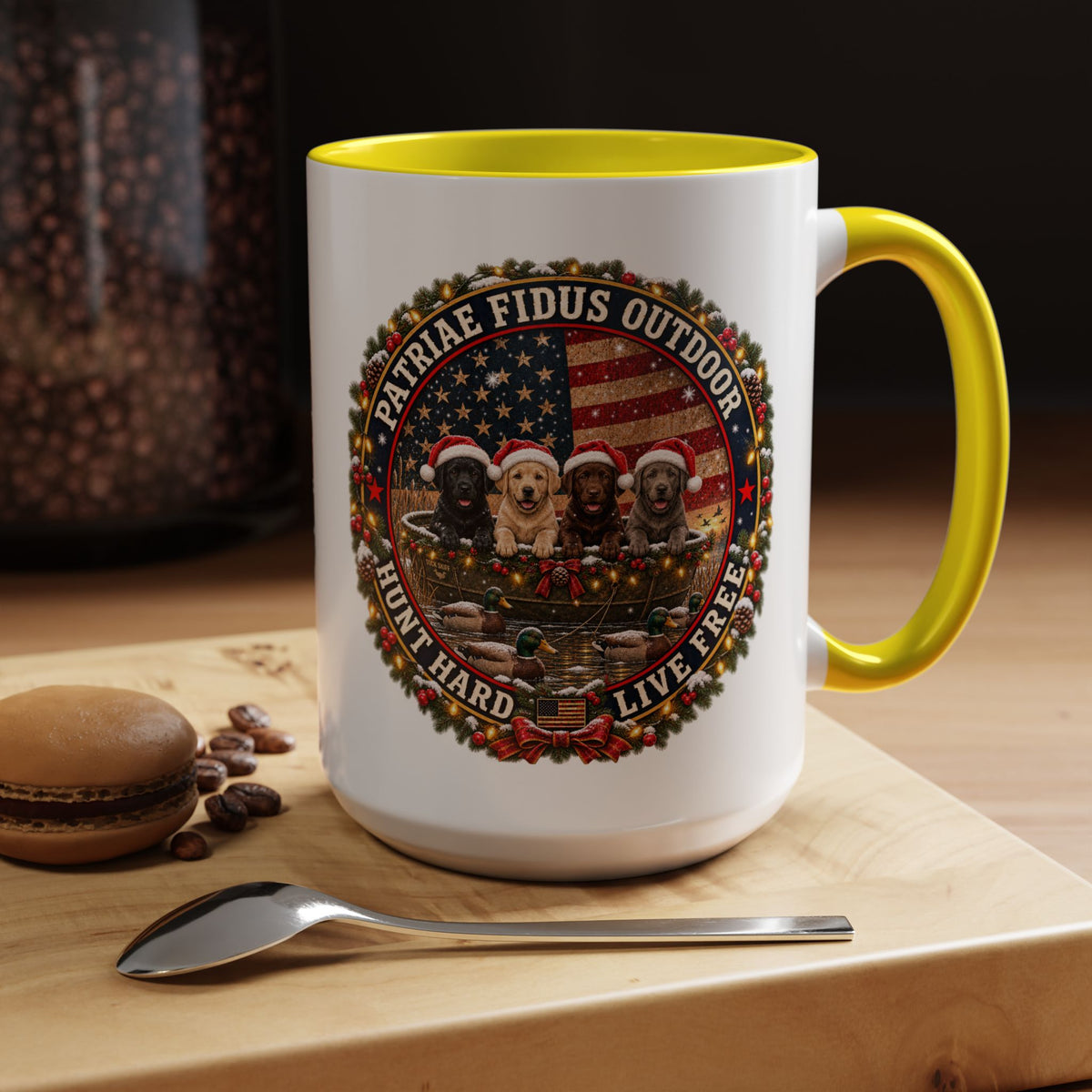 Patriæ Fidus Outdoor Christmas Coffee Mug — "Hunt Hard, Live Free" with Labrador Trio (11/15oz)