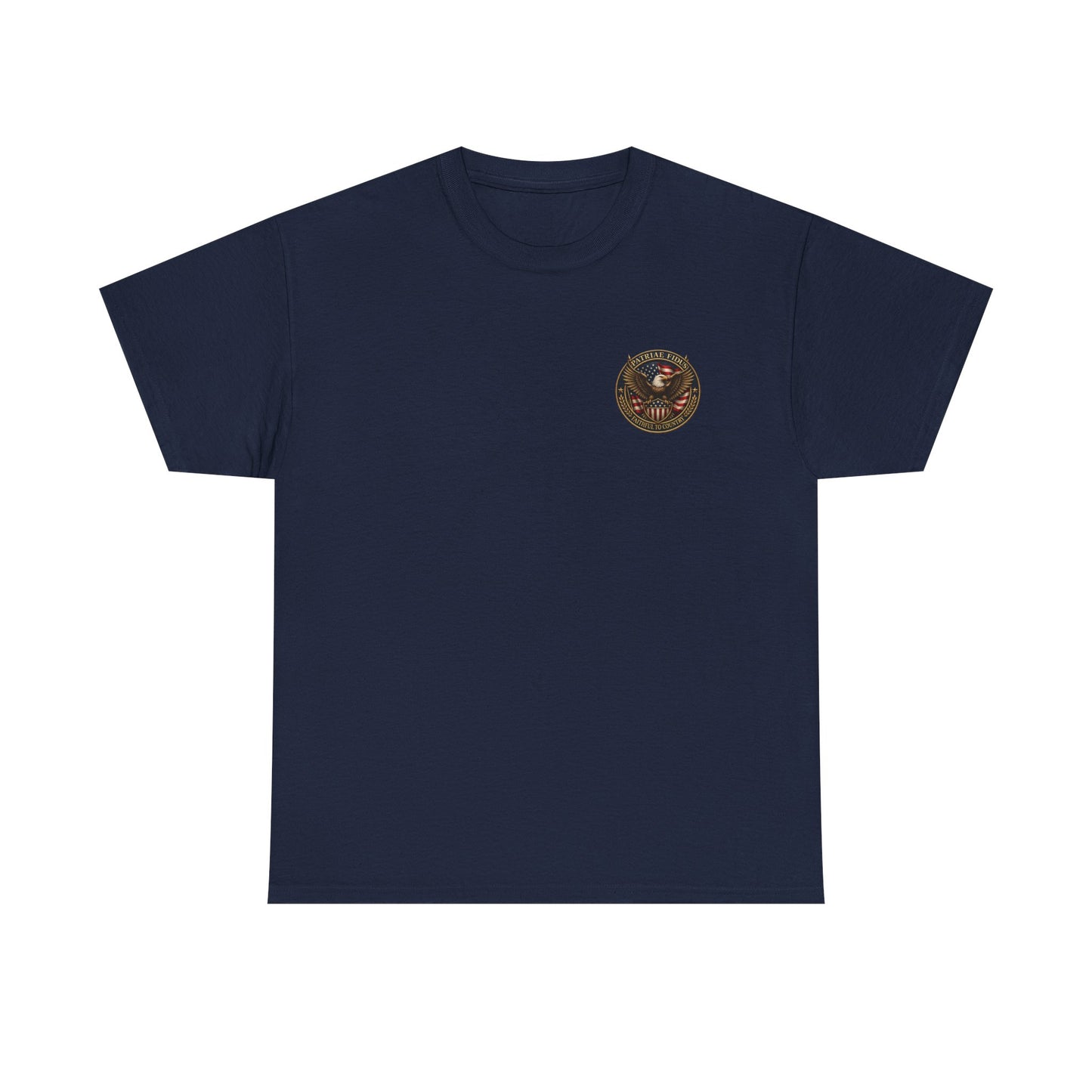 Patriae Fidus Patriotic Tee — Revolutionary Soldier Flag Graphic T‑Shirt