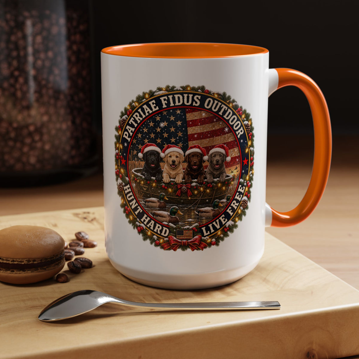 Patriæ Fidus Outdoor Christmas Coffee Mug — "Hunt Hard, Live Free" with Labrador Trio (11/15oz)