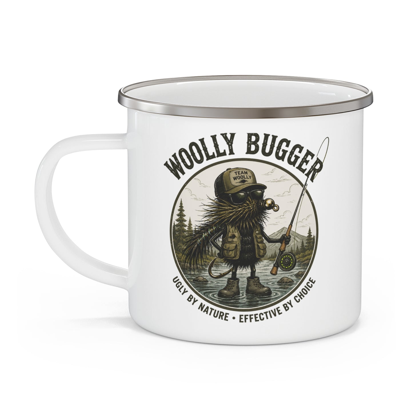 Woolly Bugger Fly Fishing Enamel Camping Mug — 'Ugly by Nature, Effective by Choice'
