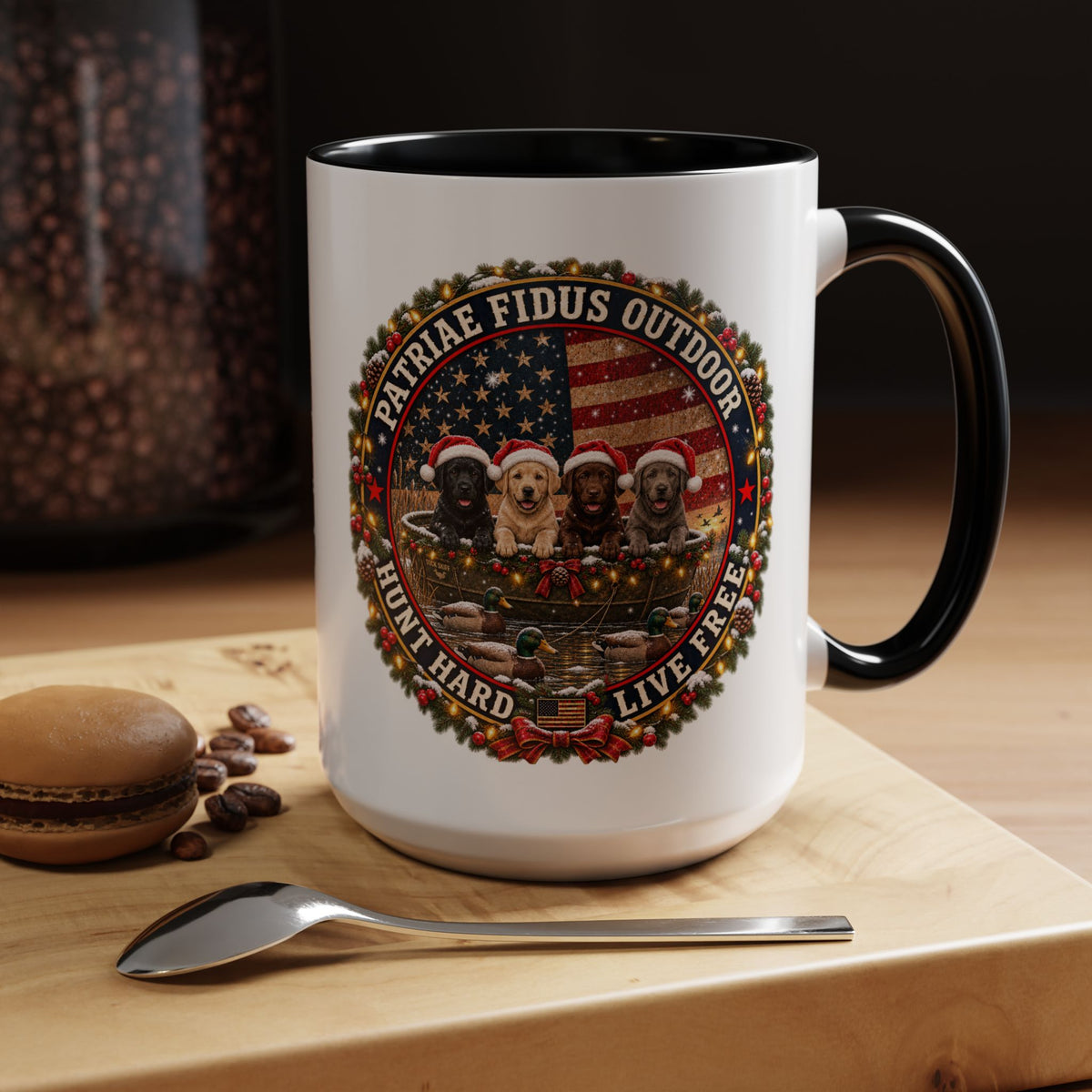 Patriæ Fidus Outdoor Christmas Coffee Mug — "Hunt Hard, Live Free" with Labrador Trio (11/15oz)