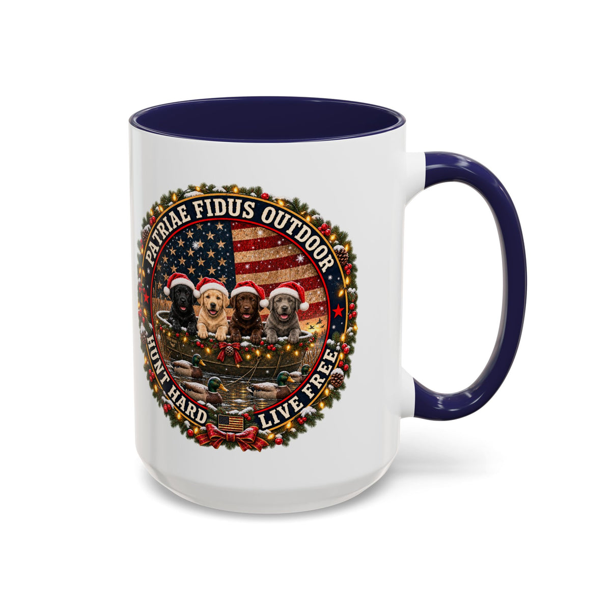 Patriæ Fidus Outdoor Christmas Coffee Mug — "Hunt Hard, Live Free" with Labrador Trio (11/15oz)