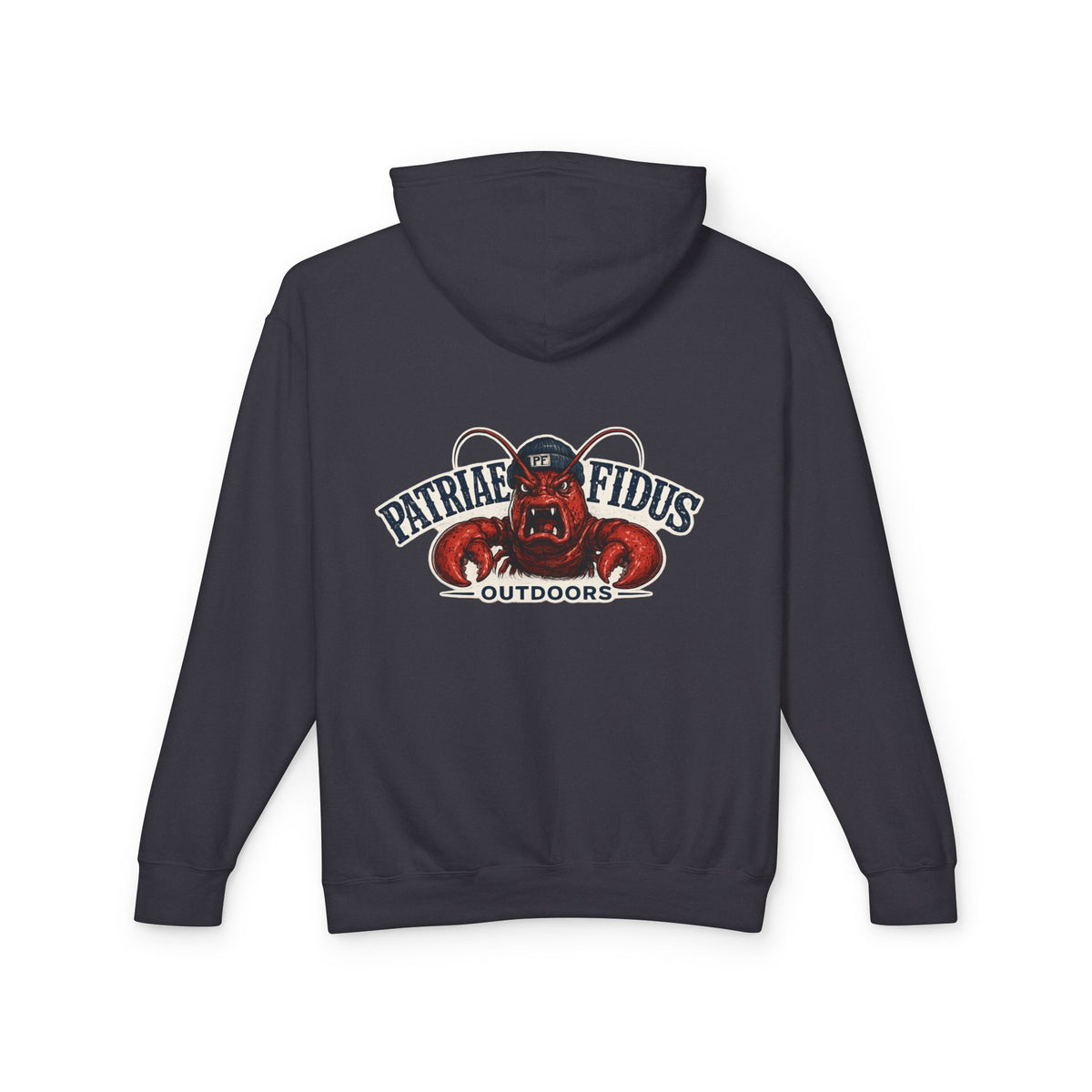 Patriae Fidus Outdoors Crab Logo Hoodie — Coastal Fishing Graphic Sweatshirt