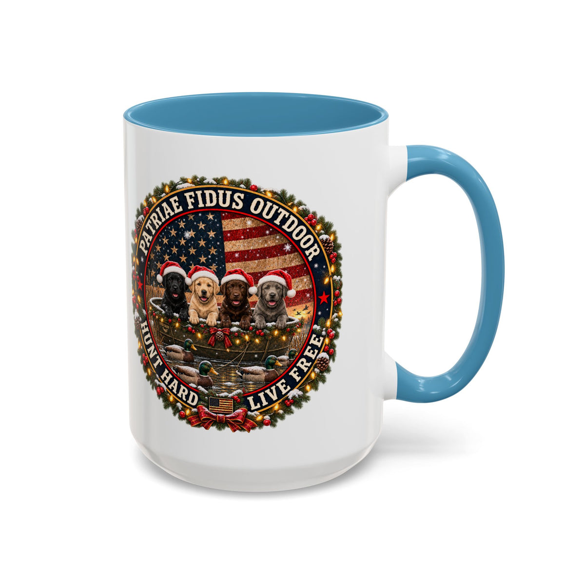 Patriæ Fidus Outdoor Christmas Coffee Mug — "Hunt Hard, Live Free" with Labrador Trio (11/15oz)