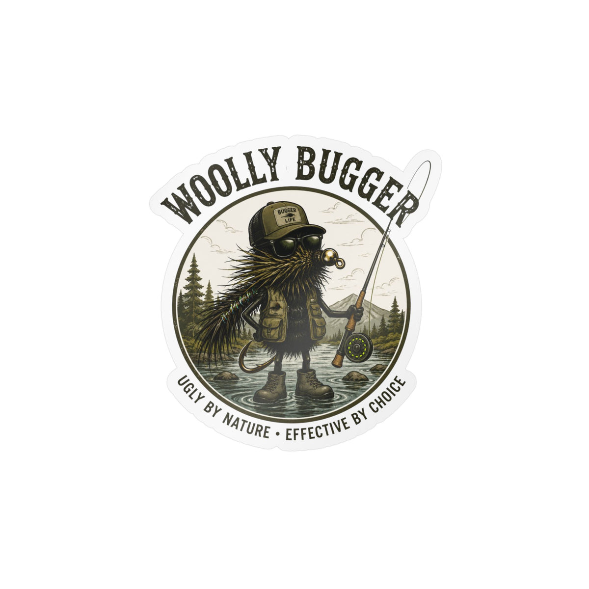 Kiss-Cut Vinyl Decal — "Woolly Bugger" Fly-Fishing Sticker (Ugly by Nature • Outdoor Angler Gift)