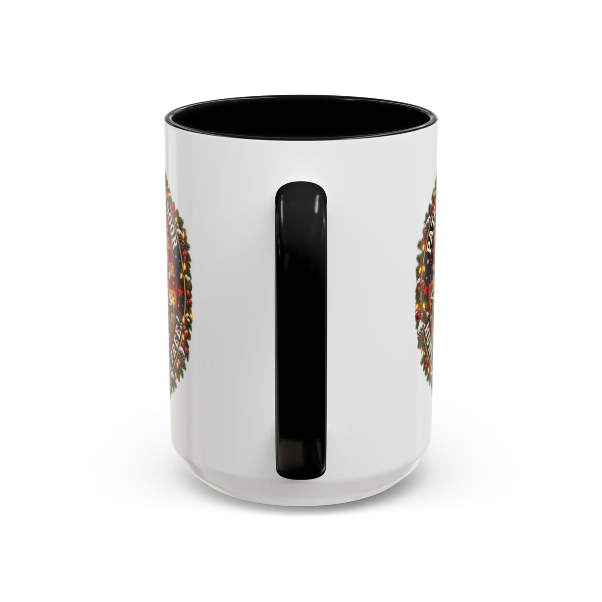 Patriæ Fidus Outdoor Christmas Coffee Mug — "Hunt Hard, Live Free" with Labrador Trio (11/15oz)