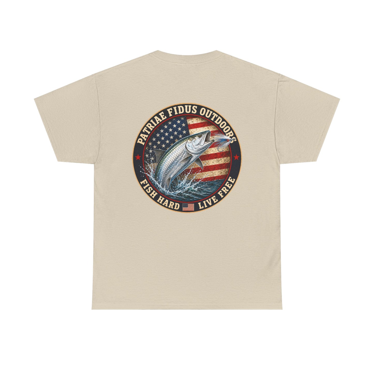 “Fish Hard Live Free” T-Shirt — Tarpon Patriae Fidus Outdoors American Flag Design