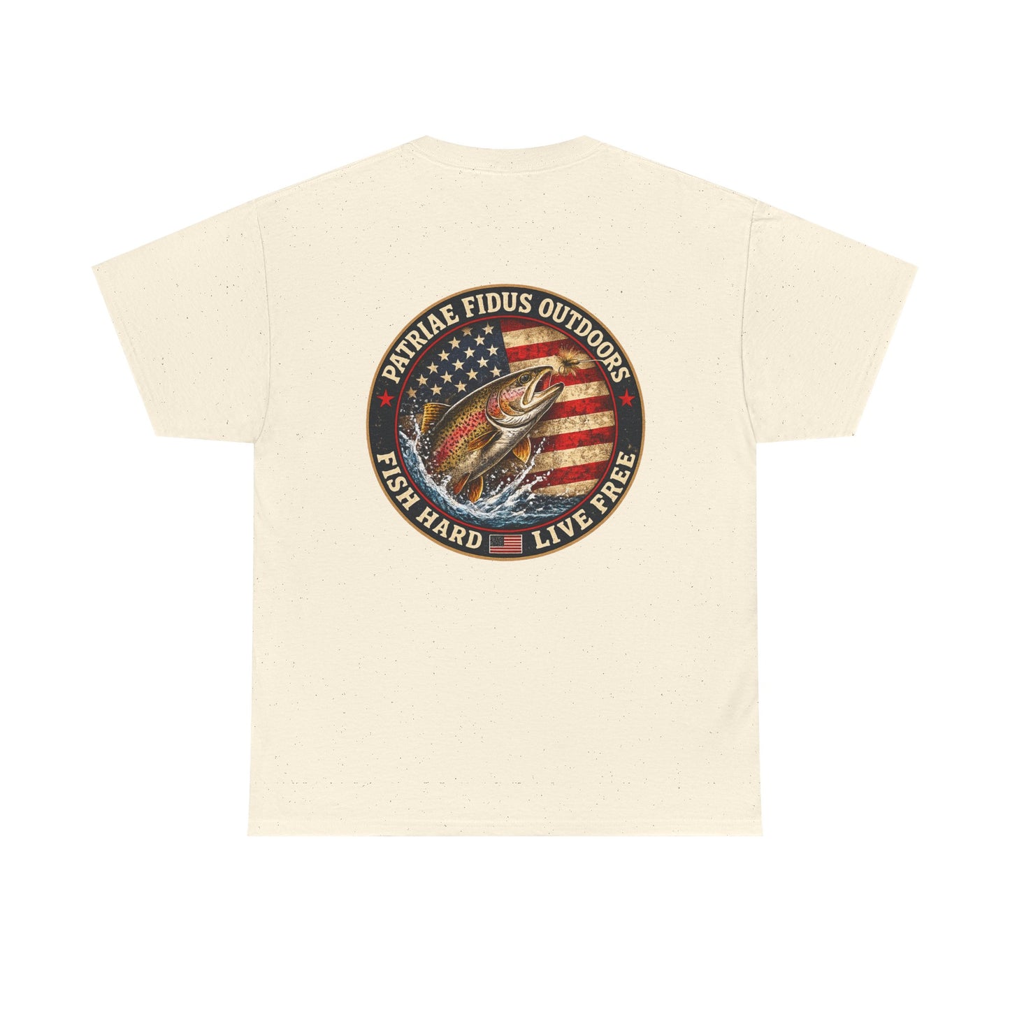 “Fish Hard Live Free” T-Shirt — Trout Patriae Fidus Outdoors American Flag Design