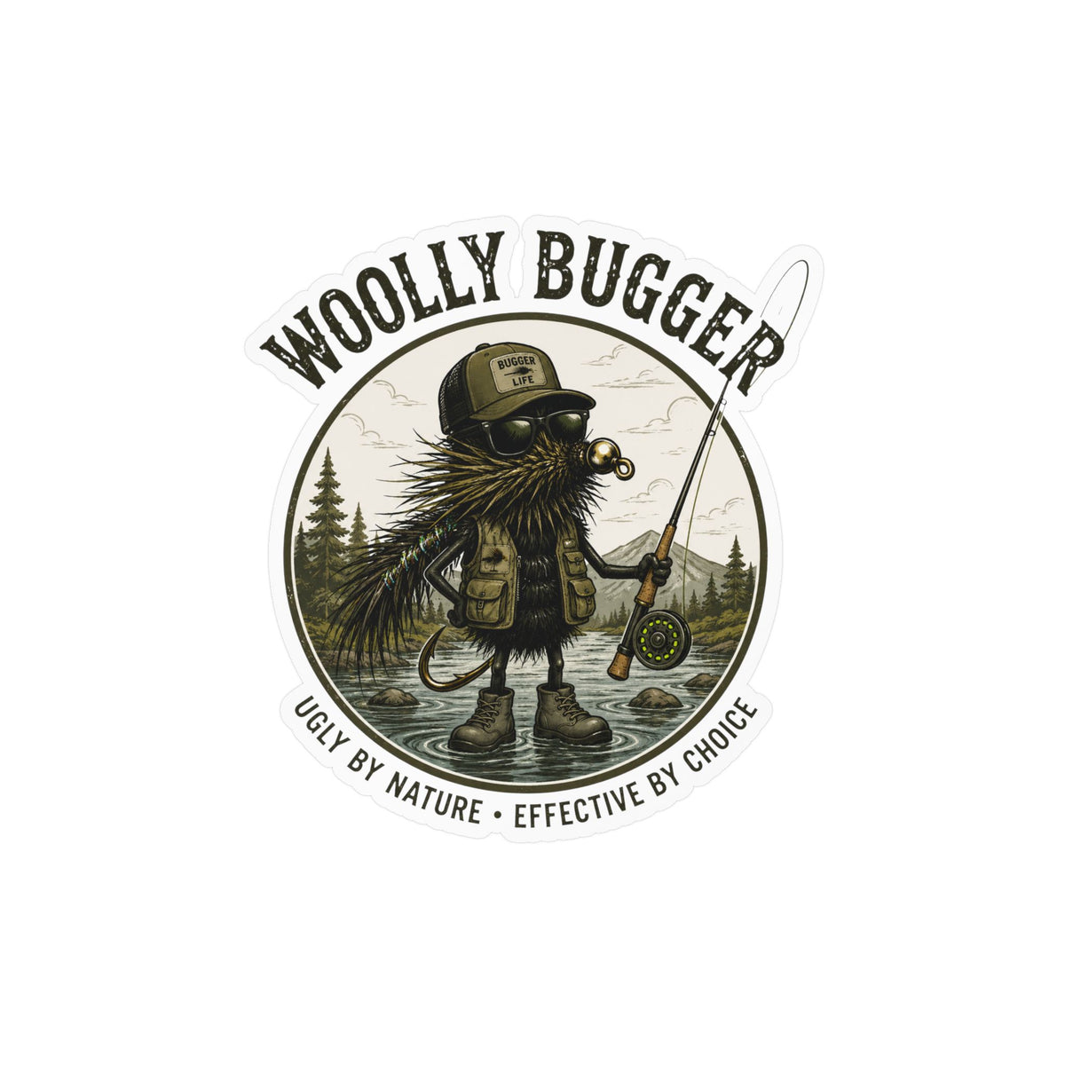Kiss-Cut Vinyl Decal — "Woolly Bugger" Fly-Fishing Sticker (Ugly by Nature • Outdoor Angler Gift)