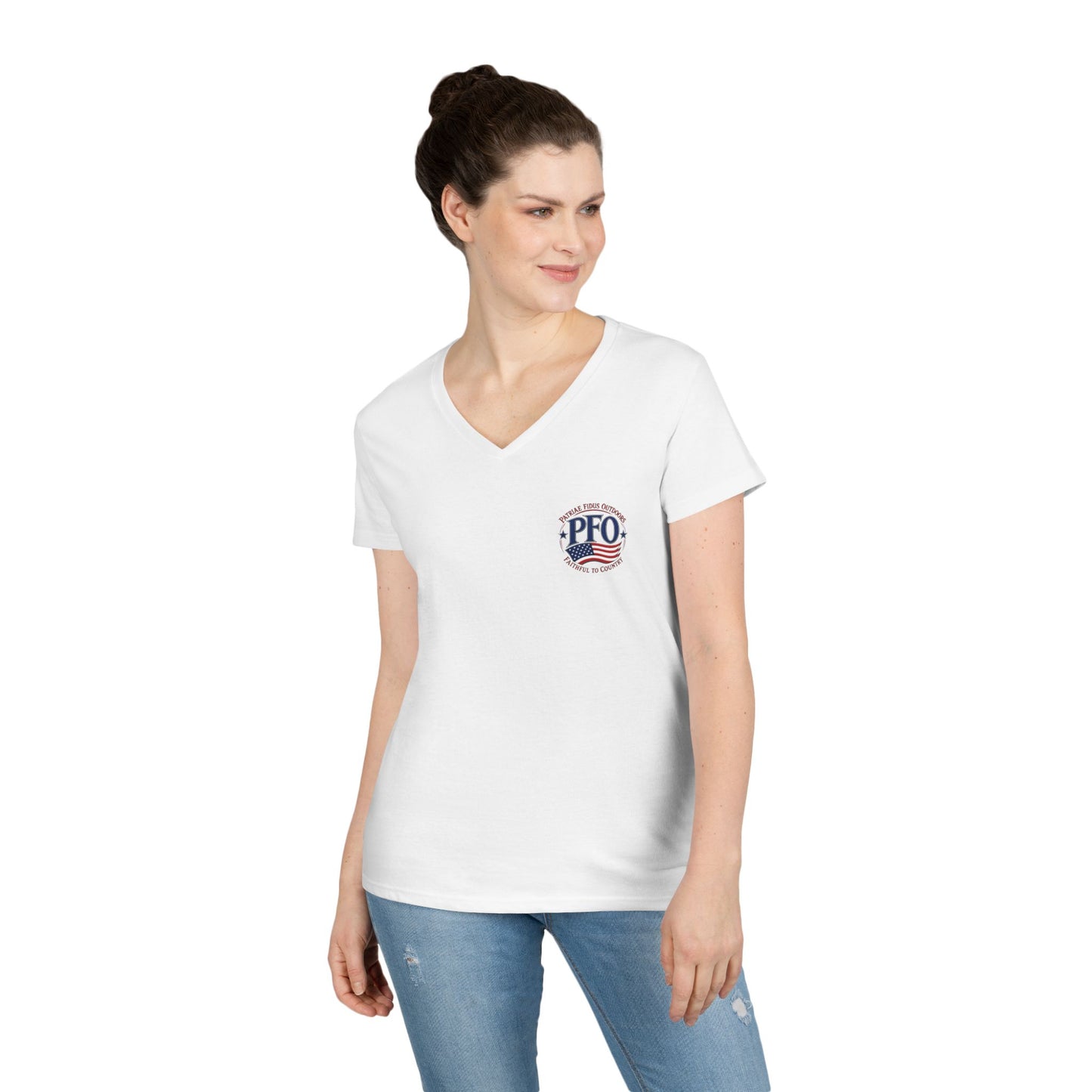 Patriae Fidus Outdoors Ladies' V-Neck T-Shirt — American Flag Hunting Logo