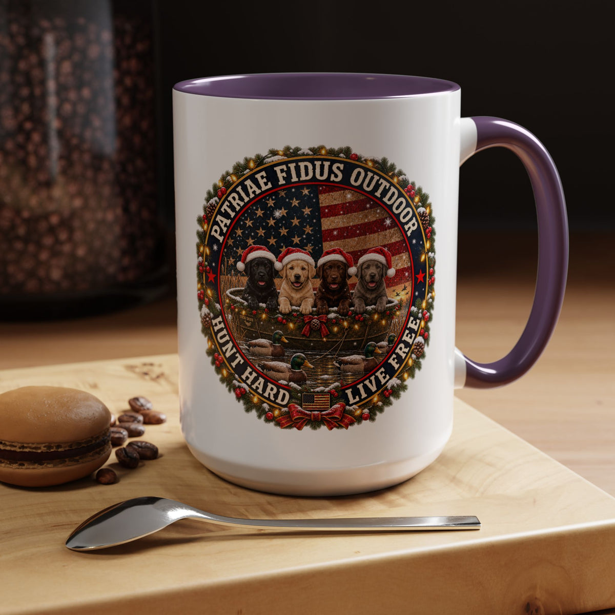 Patriæ Fidus Outdoor Christmas Coffee Mug — "Hunt Hard, Live Free" with Labrador Trio (11/15oz)
