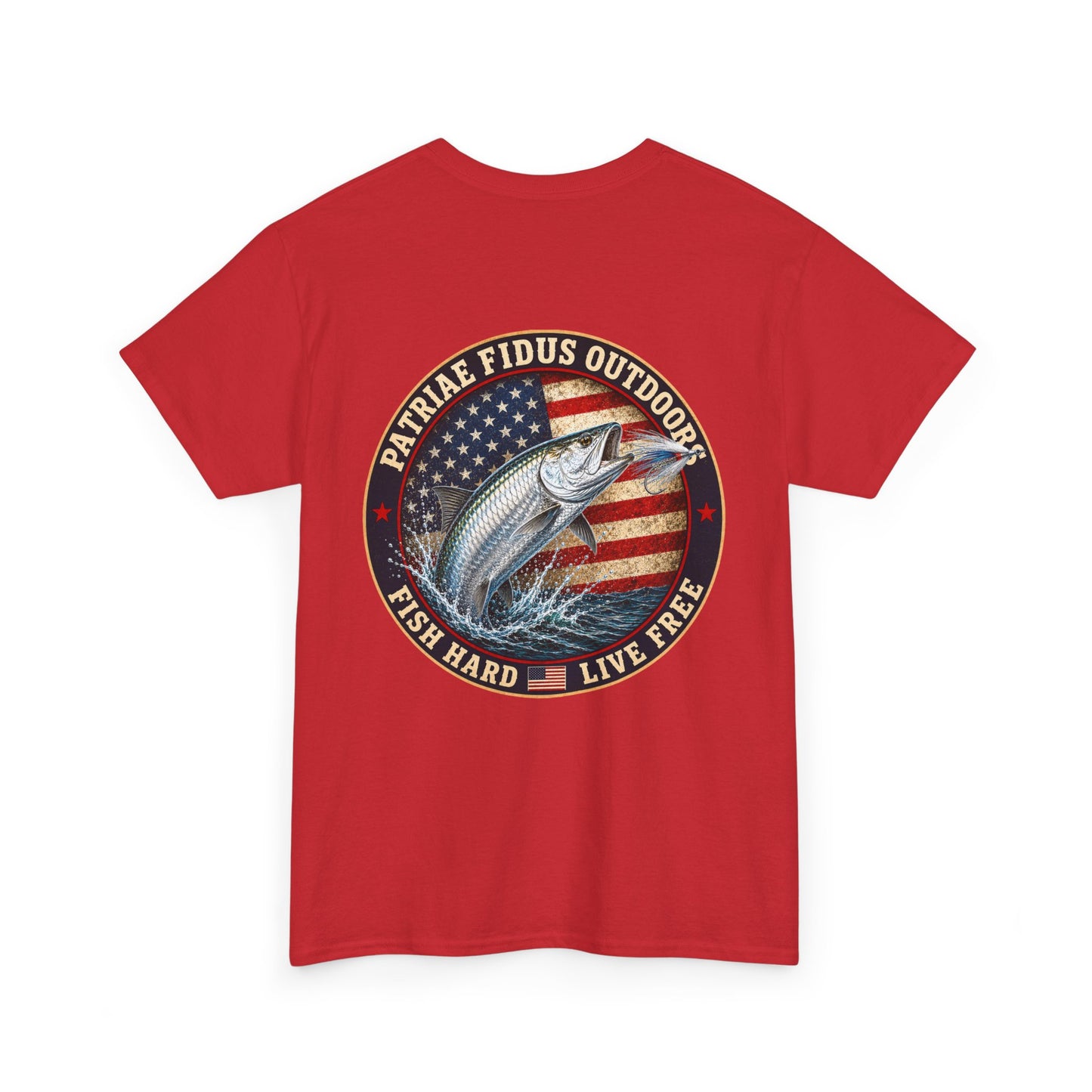 “Fish Hard Live Free” T-Shirt — Tarpon Patriae Fidus Outdoors American Flag Design