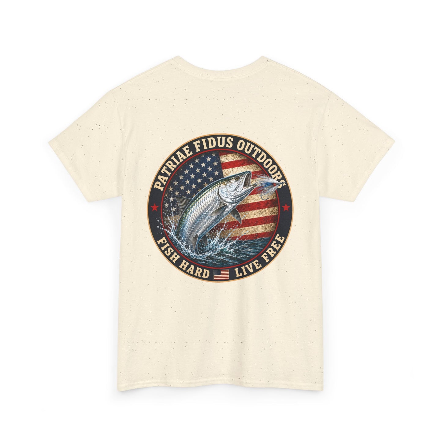 “Fish Hard Live Free” T-Shirt — Tarpon Patriae Fidus Outdoors American Flag Design