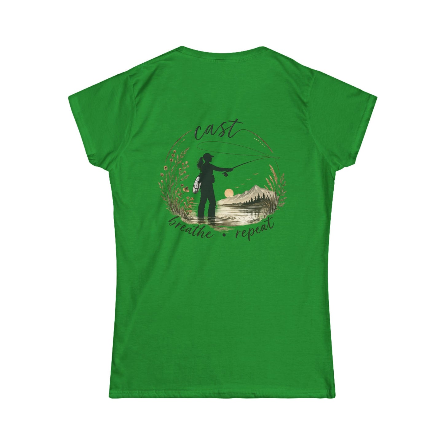 Women's Fly Fishing Tee — "Cast, Breathe, Repeat" Nature Graphic