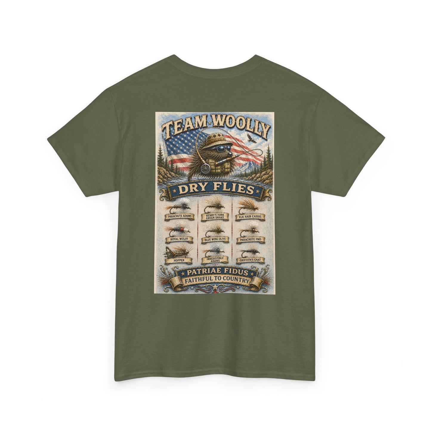 T-Shirt — Team Woolly Dry Flies Fishing Graphic Tee (Back Print)