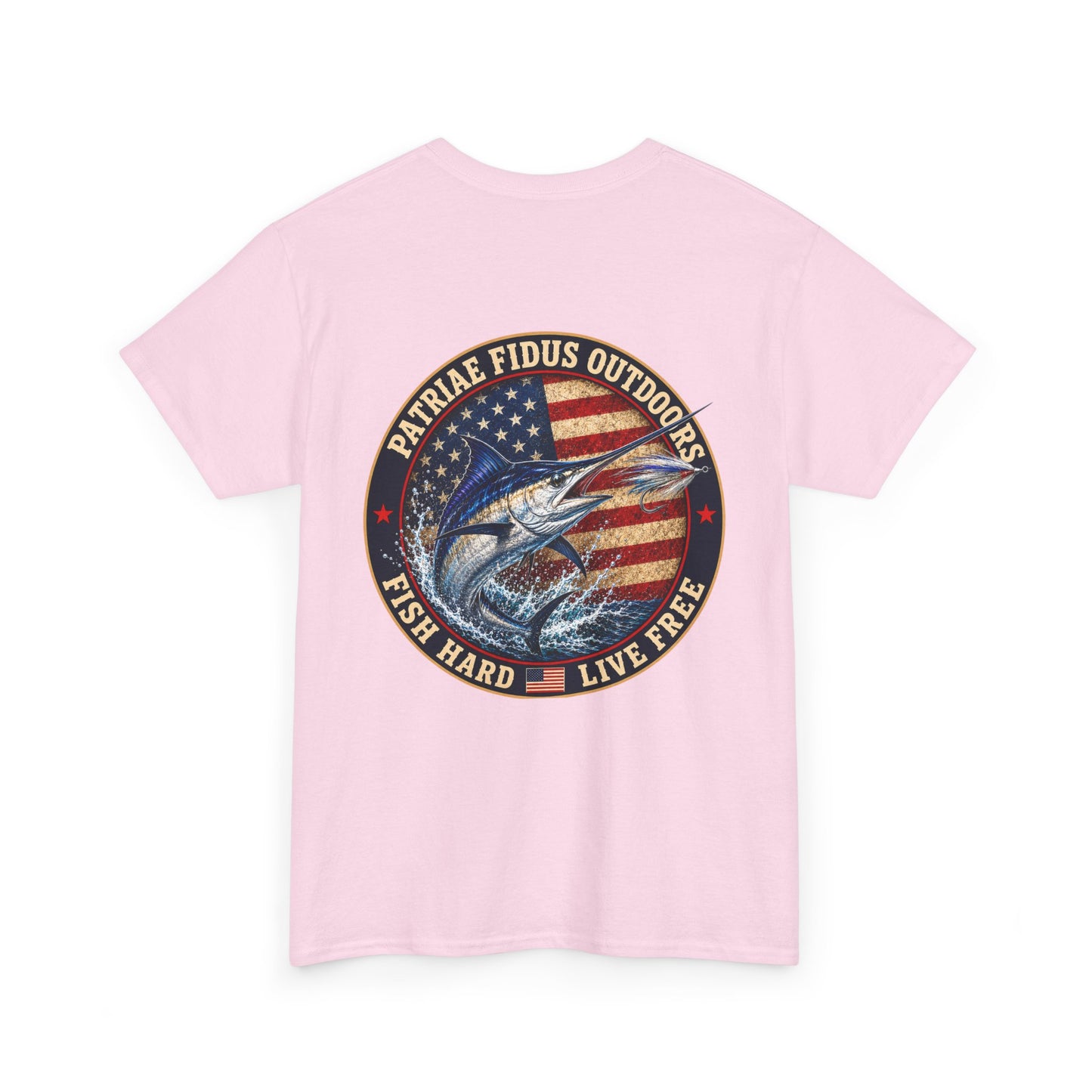 “Fish Hard Live Free” T-Shirt — Marlin Patriae Fidus Outdoors American Flag Design