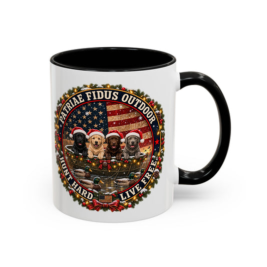 Patriæ Fidus Outdoor Christmas Coffee Mug — "Hunt Hard, Live Free" with Labrador Trio (11/15oz)