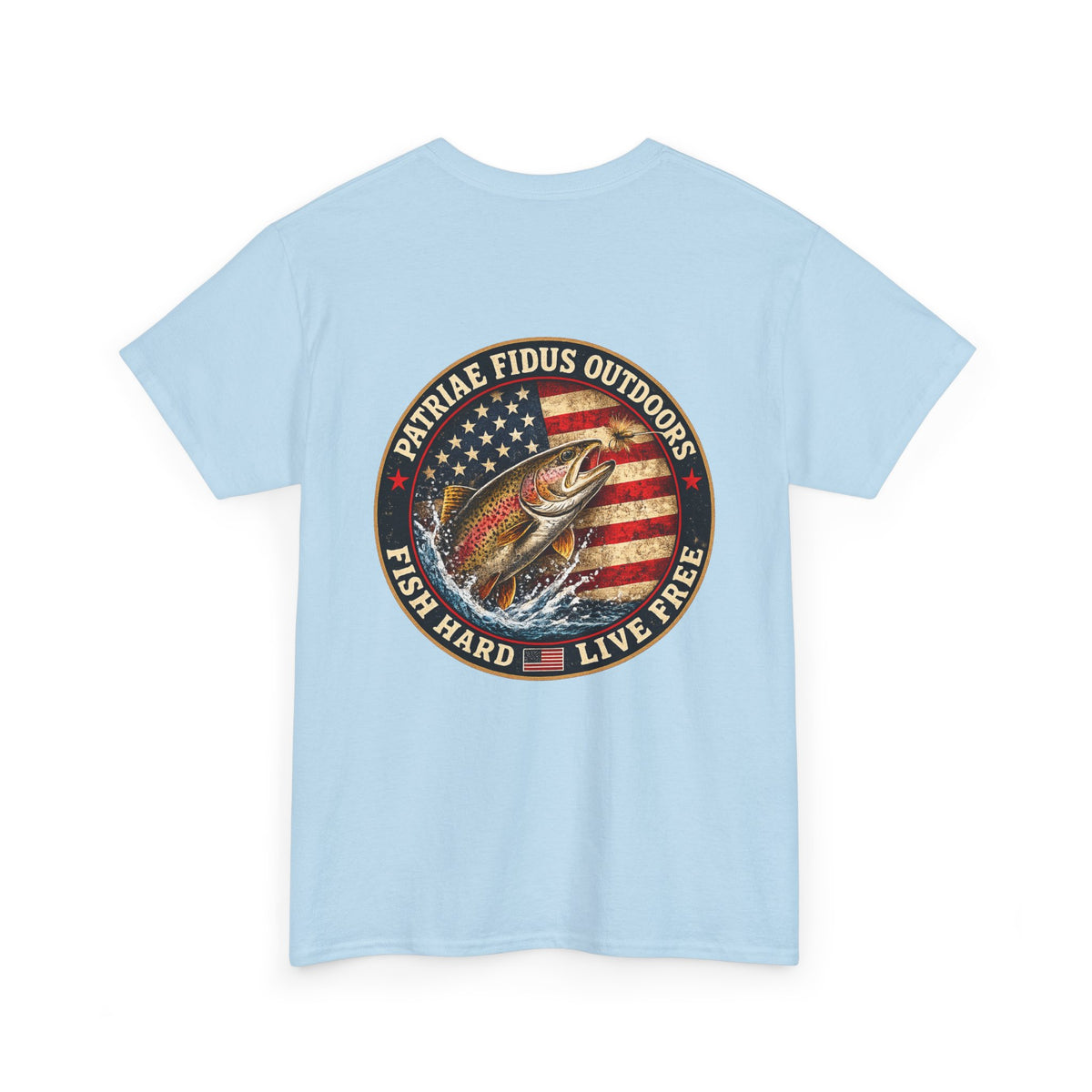 Fishing T‑Shirt — Patriæ Fidus Outdoors “Fish Hard Live Free” American Flag Tee