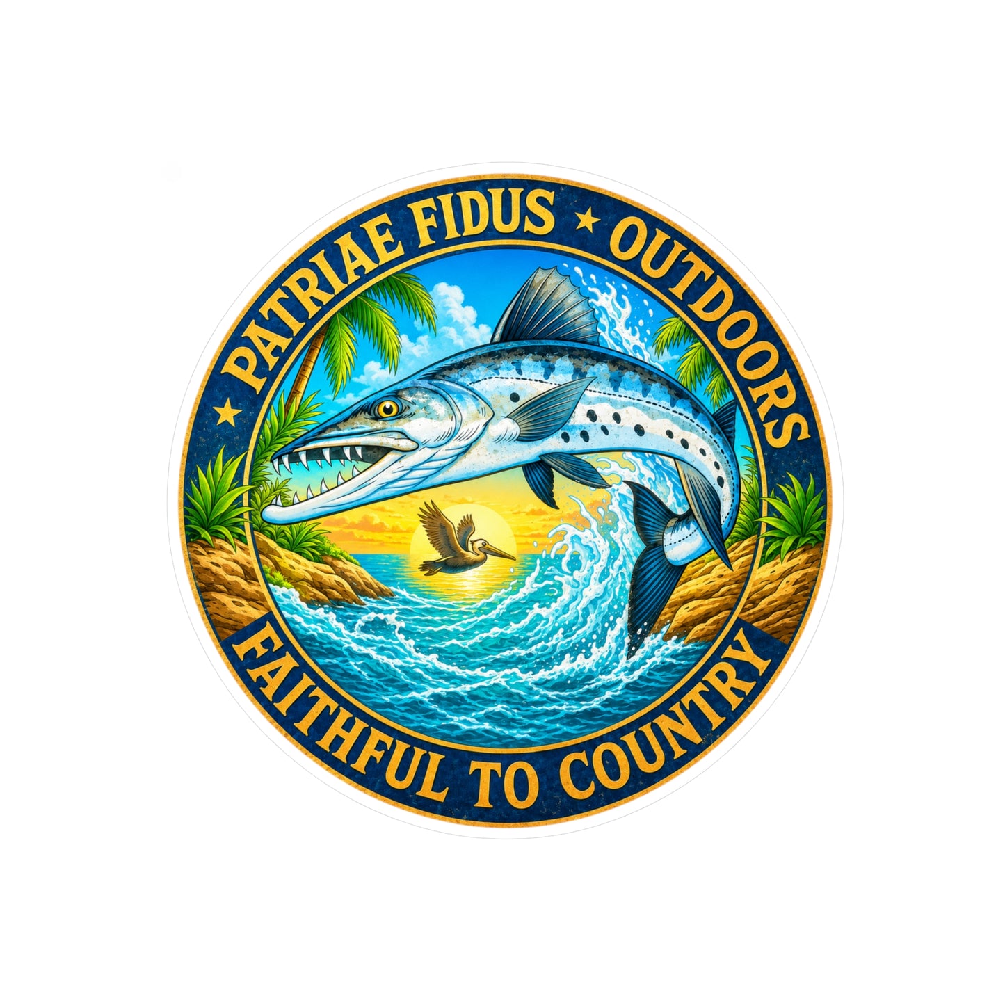 Kiss-Cut Vinyl Decal — Saltwater Fishing Logo: “Patriae Fidus Outdoors — Faithful to Country”