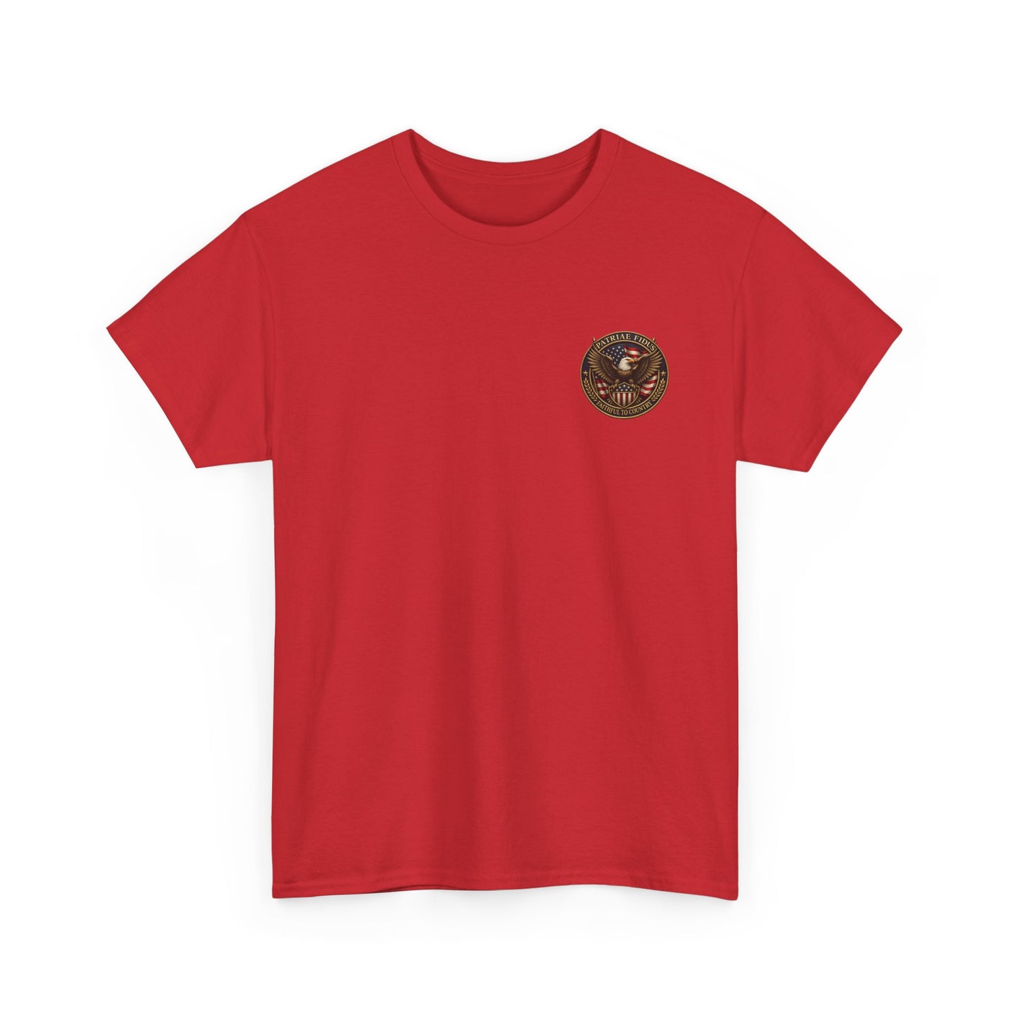 Patriae Fidus Patriotic Tee — Revolutionary Soldier Flag Graphic T‑Shirt