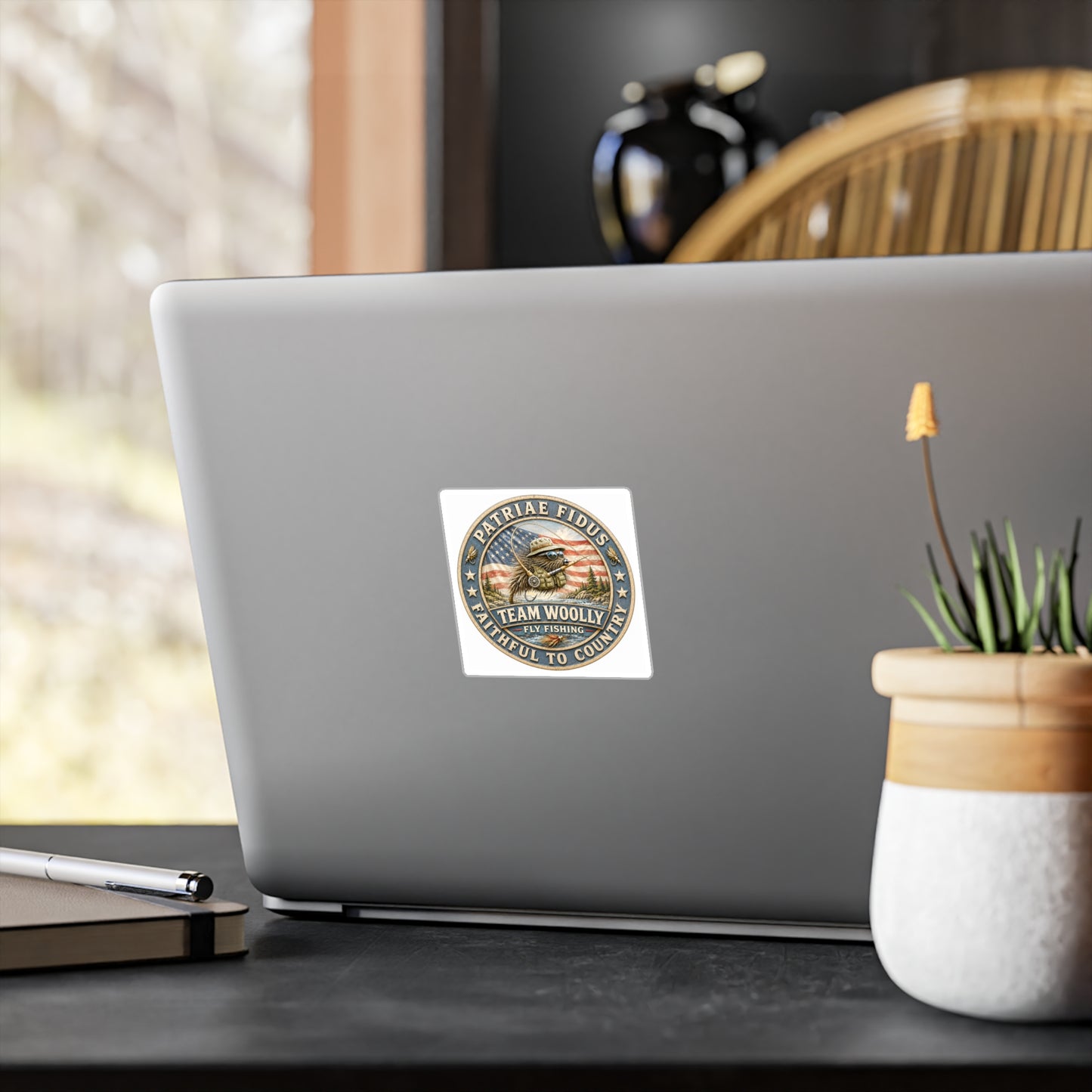 Kiss-Cut Vinyl Decal — "Team Woolly" Fly Fishing Patch with American Flag, Patriotic Outdoor Sticker