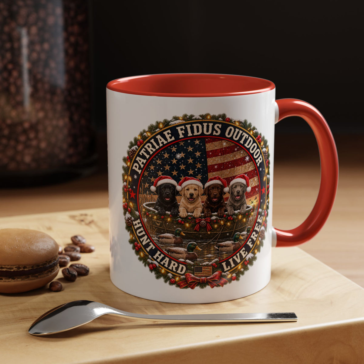 Patriæ Fidus Outdoor Christmas Coffee Mug — "Hunt Hard, Live Free" with Labrador Trio (11/15oz)
