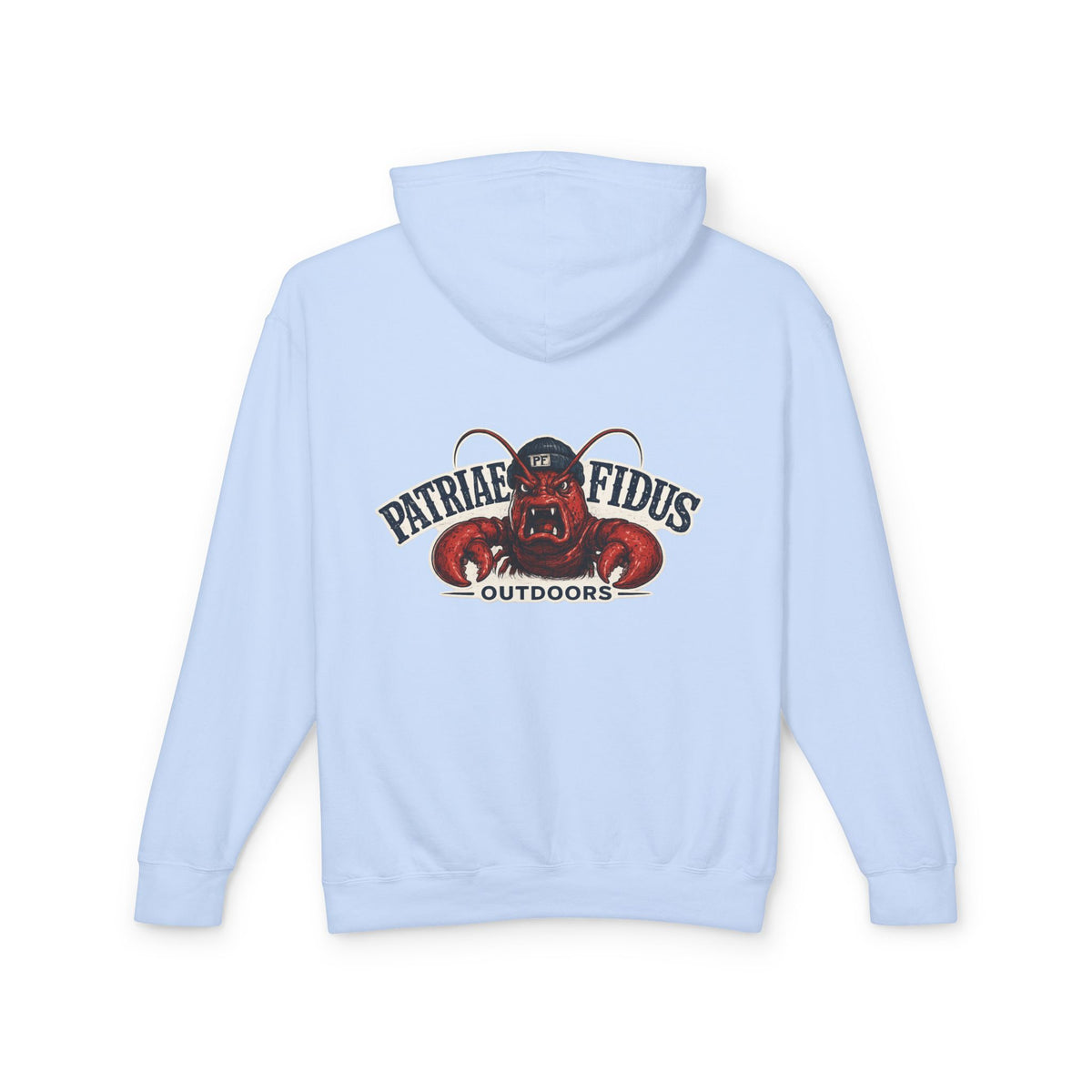 Patriae Fidus Outdoors Crab Logo Hoodie — Coastal Fishing Graphic Sweatshirt