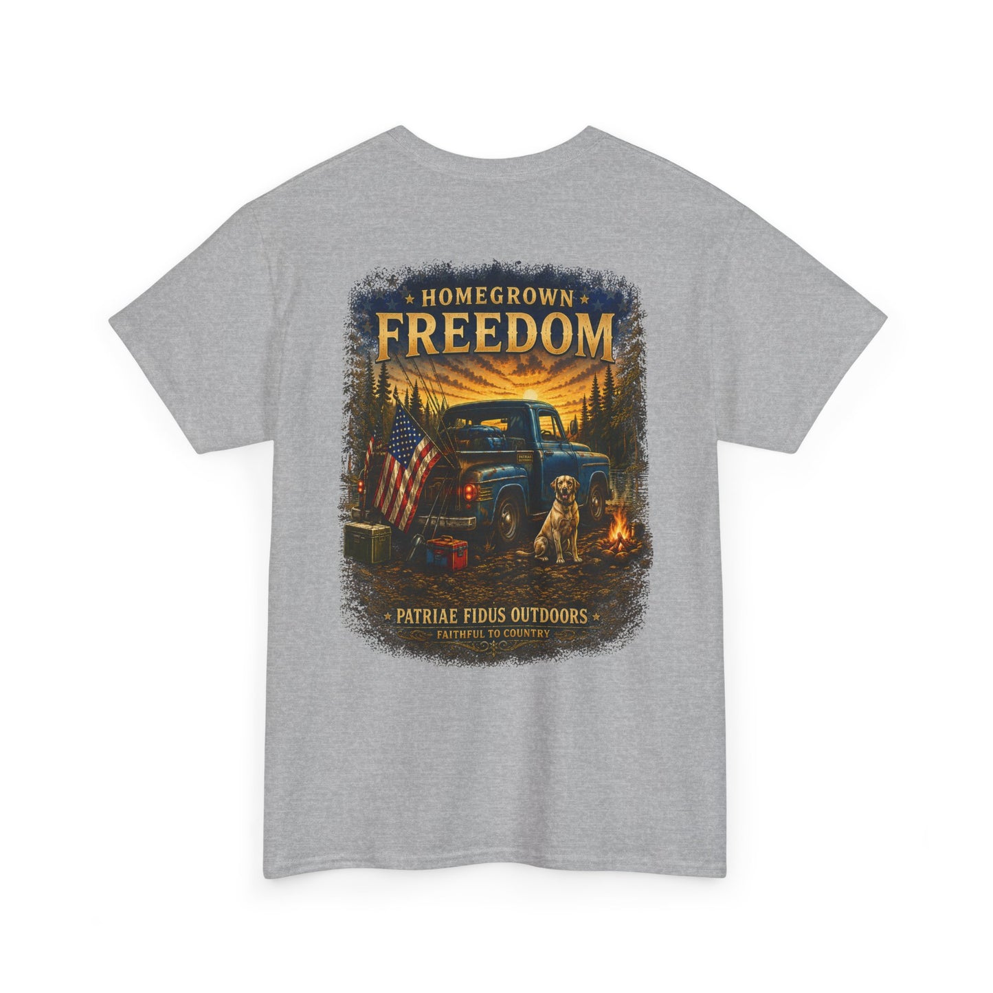 Homegrown Freedom Tee — Vintage Truck, American Flag & Campfire Graphic