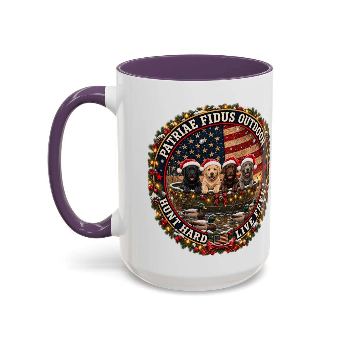 Patriæ Fidus Outdoor Christmas Coffee Mug — "Hunt Hard, Live Free" with Labrador Trio (11/15oz)
