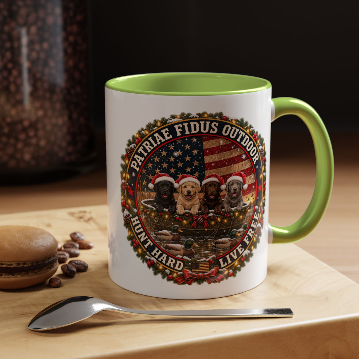 Patriæ Fidus Outdoor Christmas Coffee Mug — "Hunt Hard, Live Free" with Labrador Trio (11/15oz)