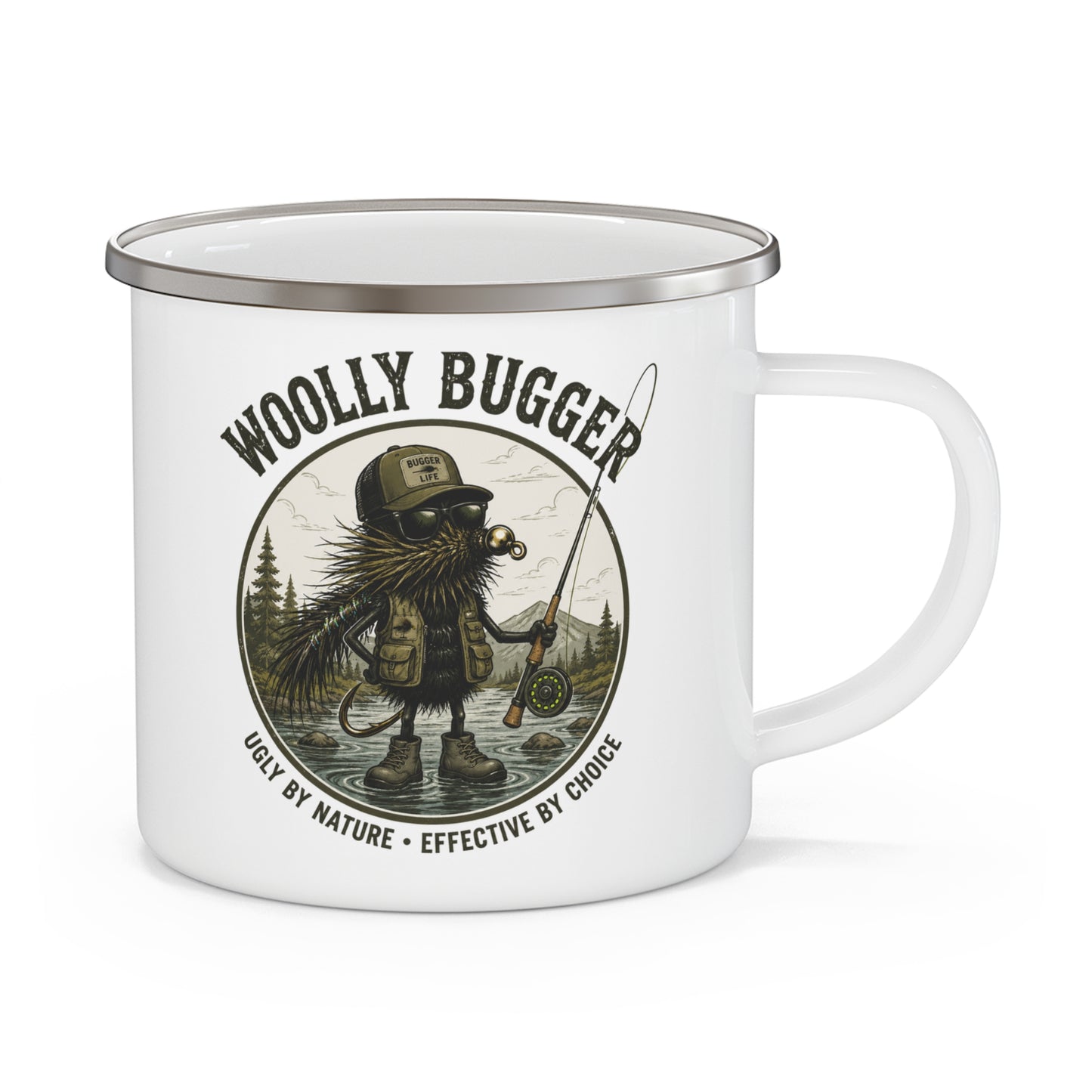 Woolly Bugger Fly Fishing Enamel Camping Mug — 'Ugly by Nature, Effective by Choice'