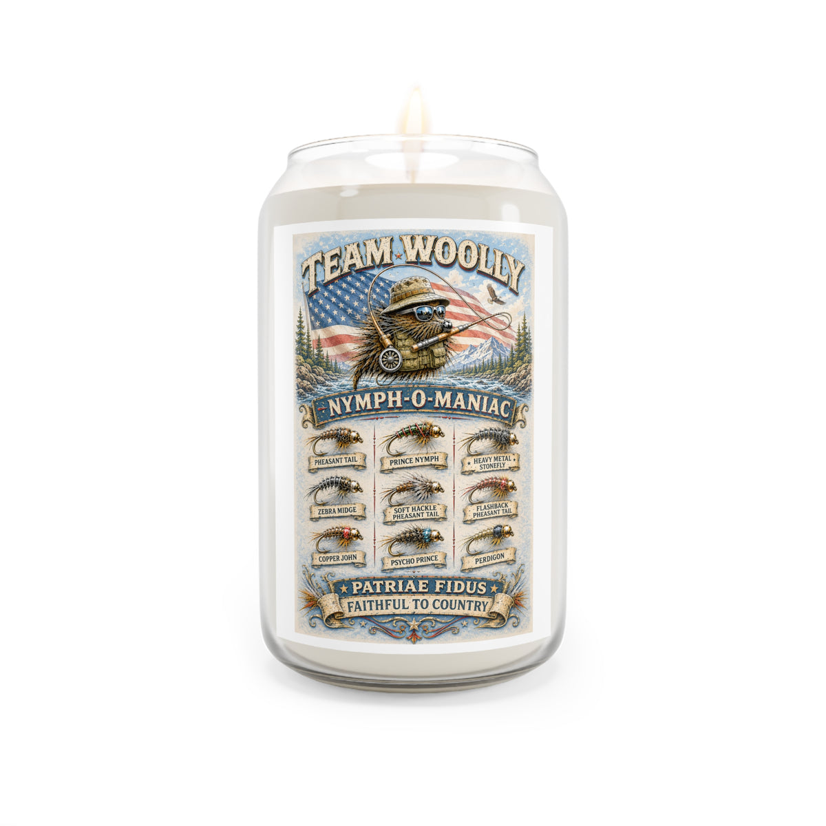 Scented Soy Candle – Team Woolly Nymph-O-Maniac Vintage Fishing Label (13.75 oz)