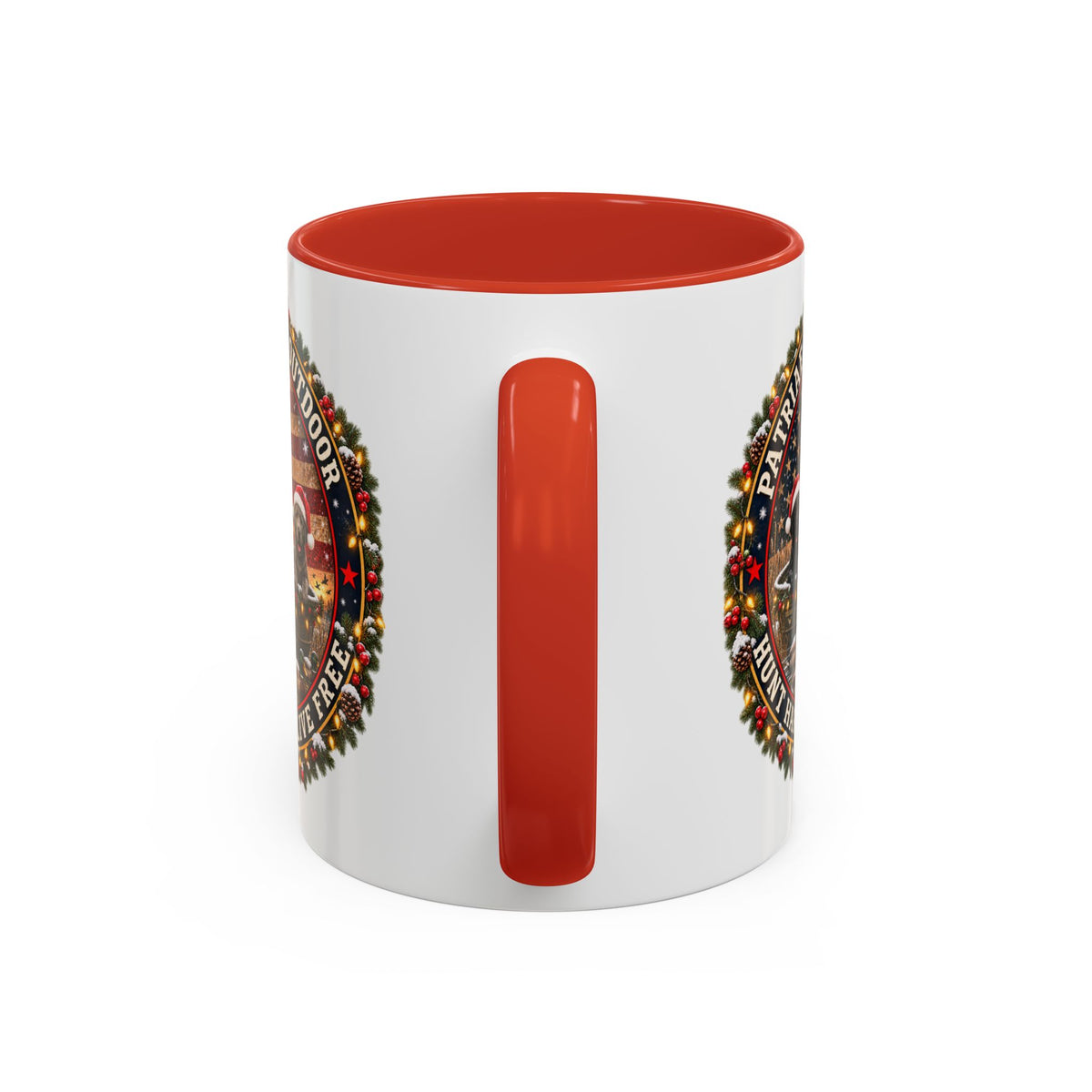 Patriæ Fidus Outdoor Christmas Coffee Mug — "Hunt Hard, Live Free" with Labrador Trio (11/15oz)