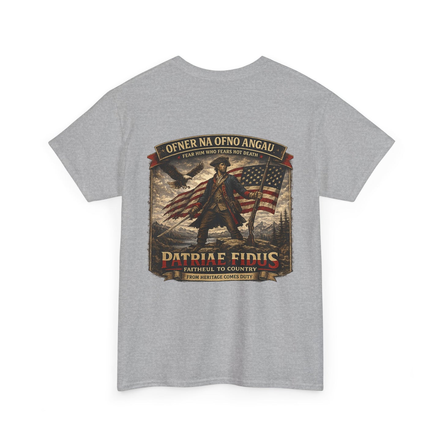 Patriae Fidus Patriotic Tee — Revolutionary Soldier Flag Graphic T‑Shirt