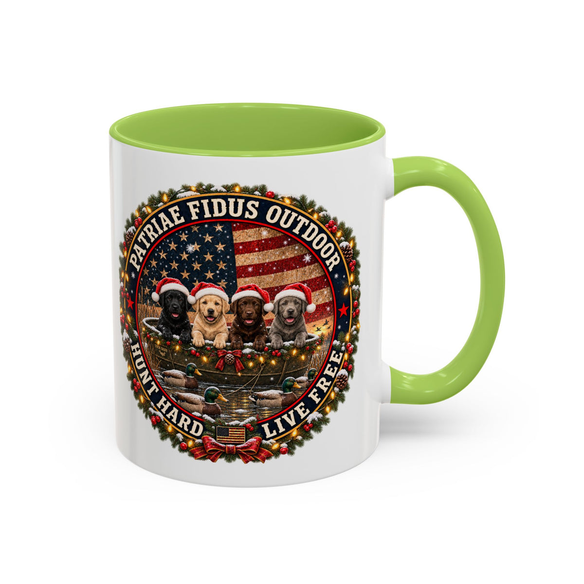 Patriæ Fidus Outdoor Christmas Coffee Mug — "Hunt Hard, Live Free" with Labrador Trio (11/15oz)