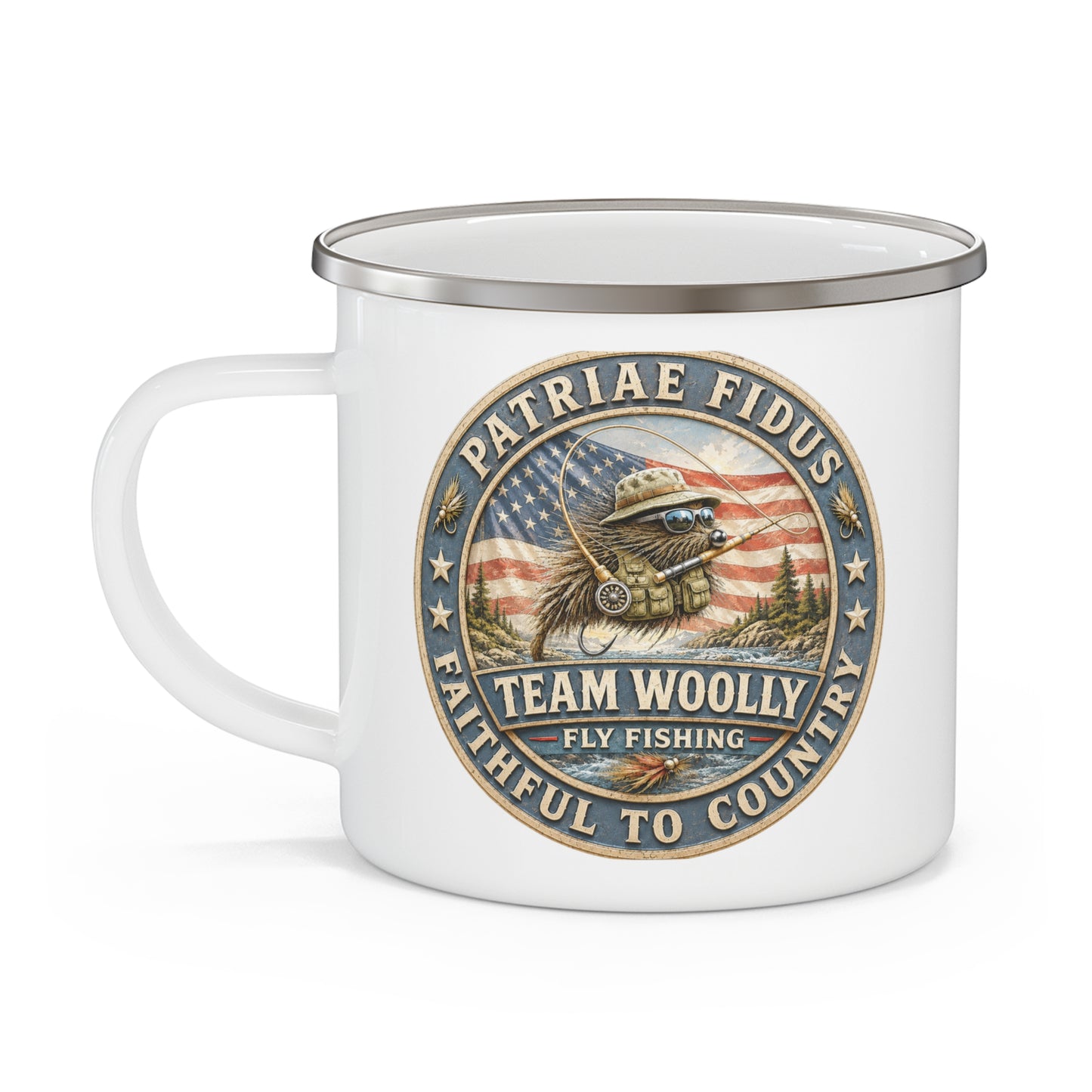 Enamel Camping Mug — 'Team Woolly' Patriotic Fly Fishing Design