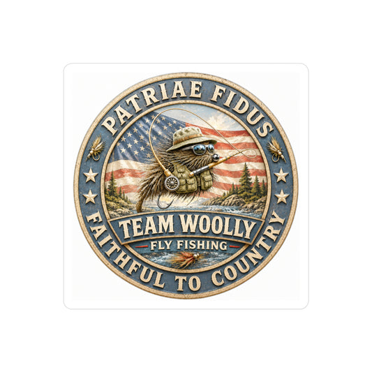 Kiss-Cut Vinyl Decal — "Team Woolly" Fly Fishing Patch with American Flag, Patriotic Outdoor Sticker