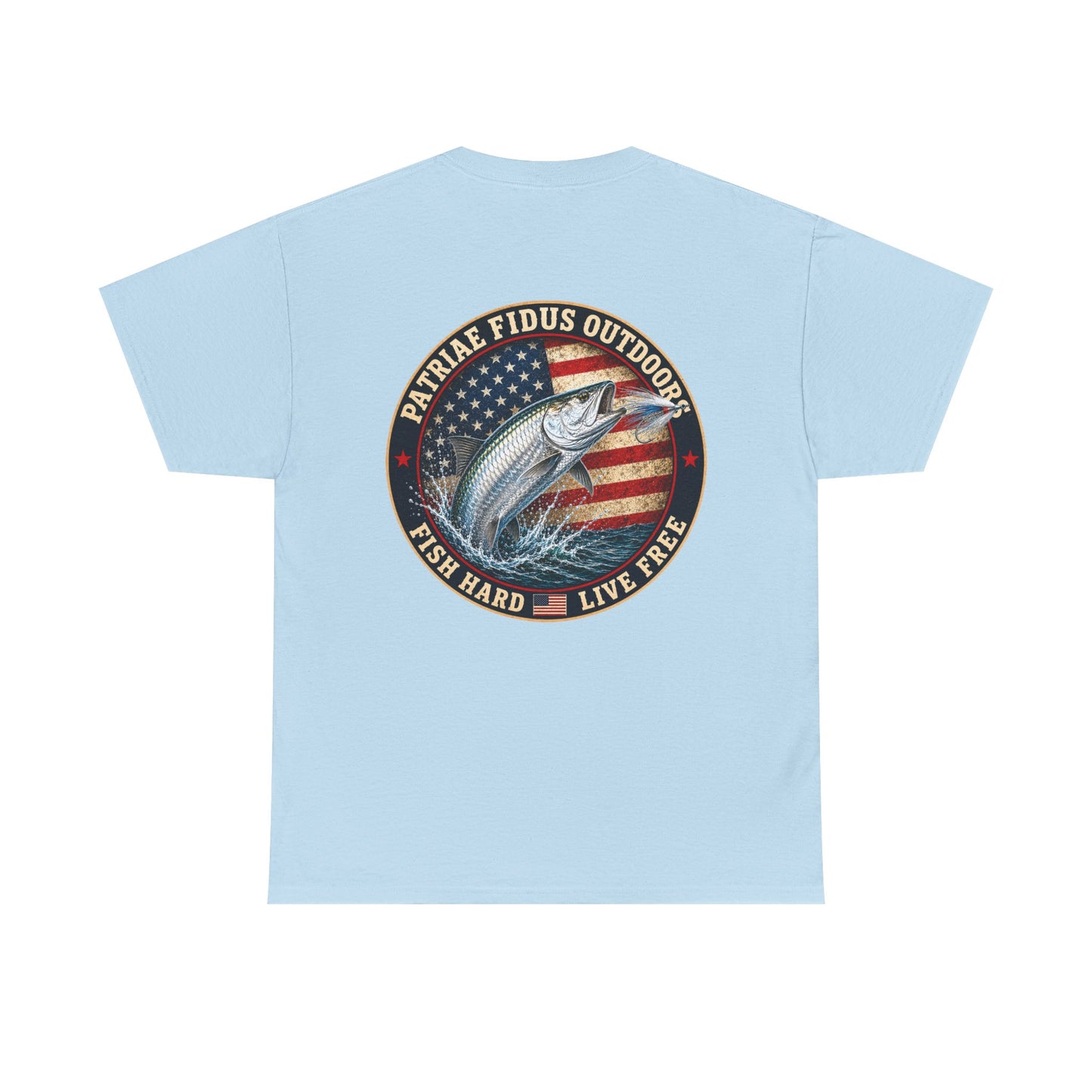 “Fish Hard Live Free” T-Shirt — Tarpon Patriae Fidus Outdoors American Flag Design