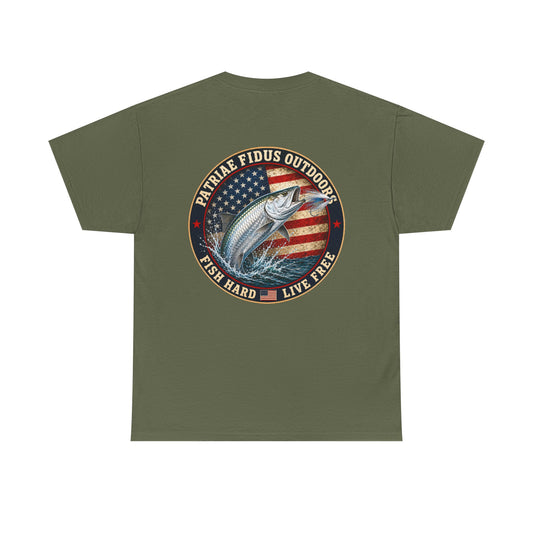 “Fish Hard Live Free” T-Shirt — Tarpon Patriae Fidus Outdoors American Flag Design