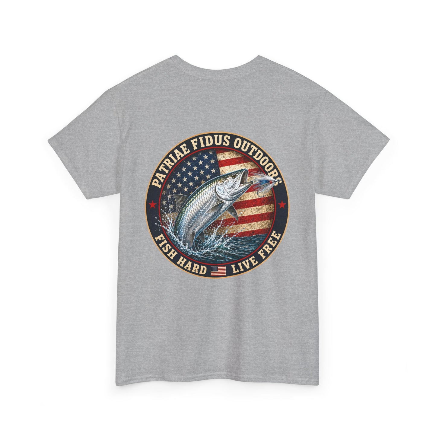 “Fish Hard Live Free” T-Shirt — Tarpon Patriae Fidus Outdoors American Flag Design