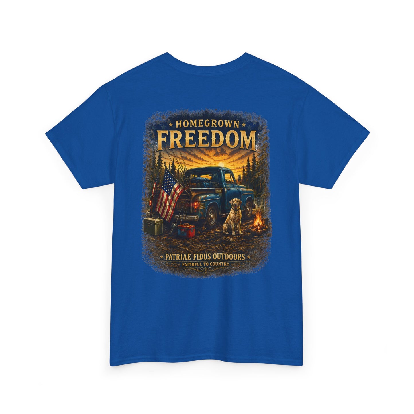 Homegrown Freedom Tee — Vintage Truck, American Flag & Campfire Graphic