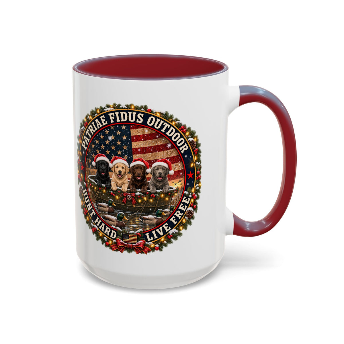 Patriæ Fidus Outdoor Christmas Coffee Mug — "Hunt Hard, Live Free" with Labrador Trio (11/15oz)