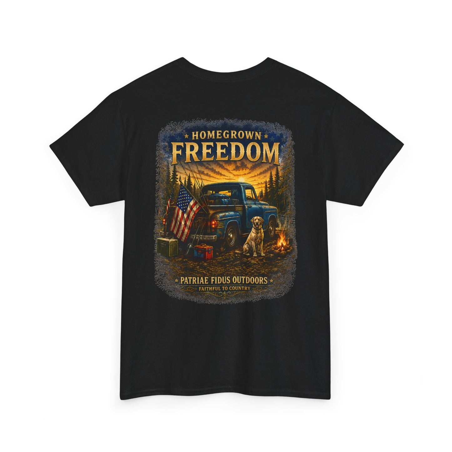Homegrown Freedom Tee — Vintage Truck, American Flag & Campfire Graphic