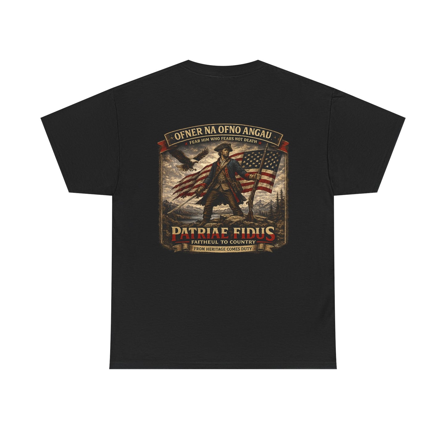 Patriae Fidus Patriotic Tee — Revolutionary Soldier Flag Graphic T‑Shirt