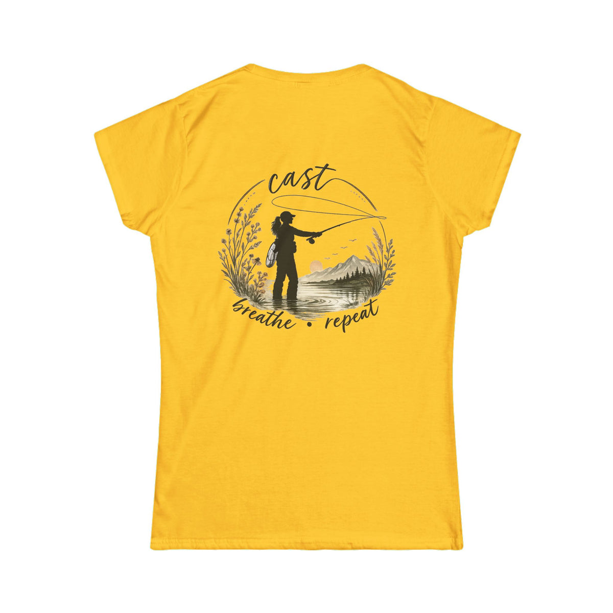 Women's Fly Fishing Tee — "Cast, Breathe, Repeat" Nature Graphic