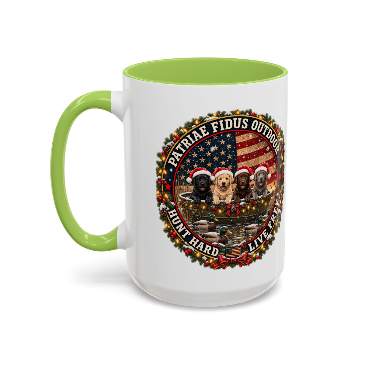 Patriæ Fidus Outdoor Christmas Coffee Mug — "Hunt Hard, Live Free" with Labrador Trio (11/15oz)