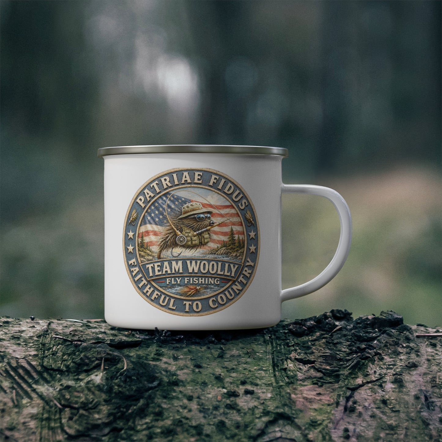 Enamel Camping Mug — 'Team Woolly' Patriotic Fly Fishing Design
