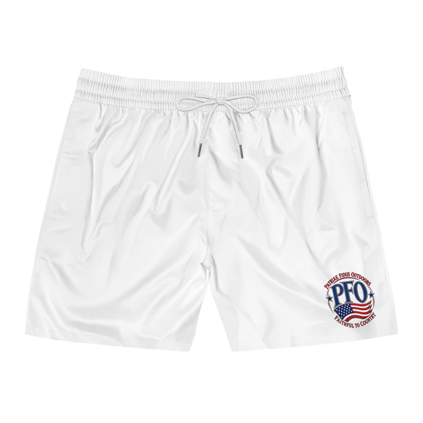 PFO American Flag Swim Shorts — Men’s Mid-Length Beach Trunks