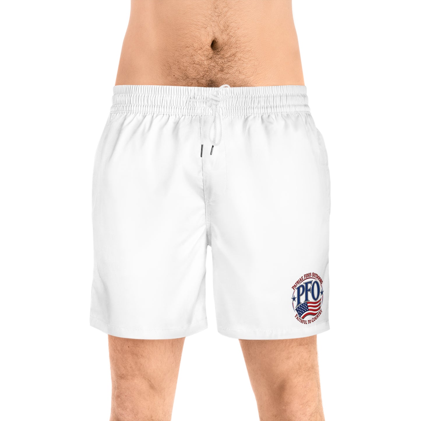 PFO American Flag Swim Shorts — Men’s Mid-Length Beach Trunks